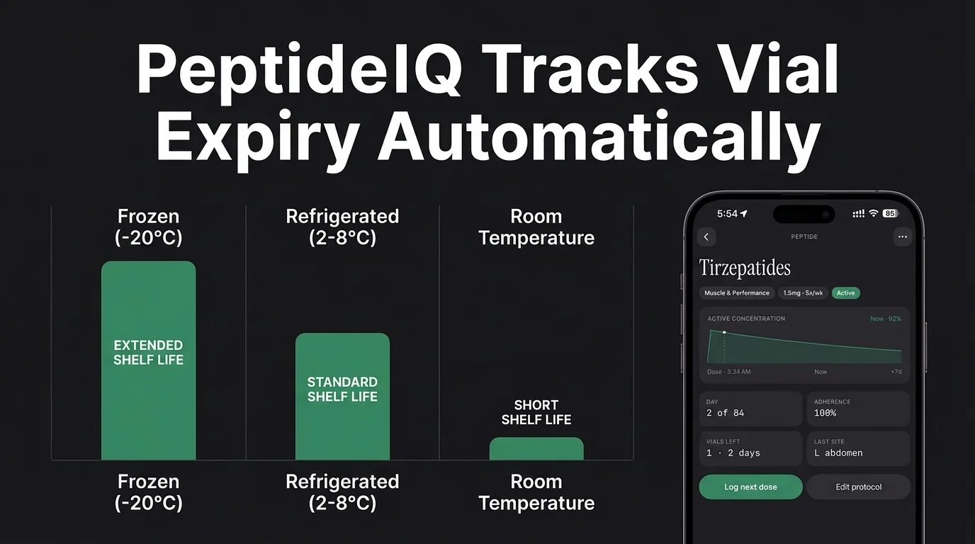 PeptideIQ app tracking reconstituted peptide shelf life with vial expiry countdown and active concentration graph