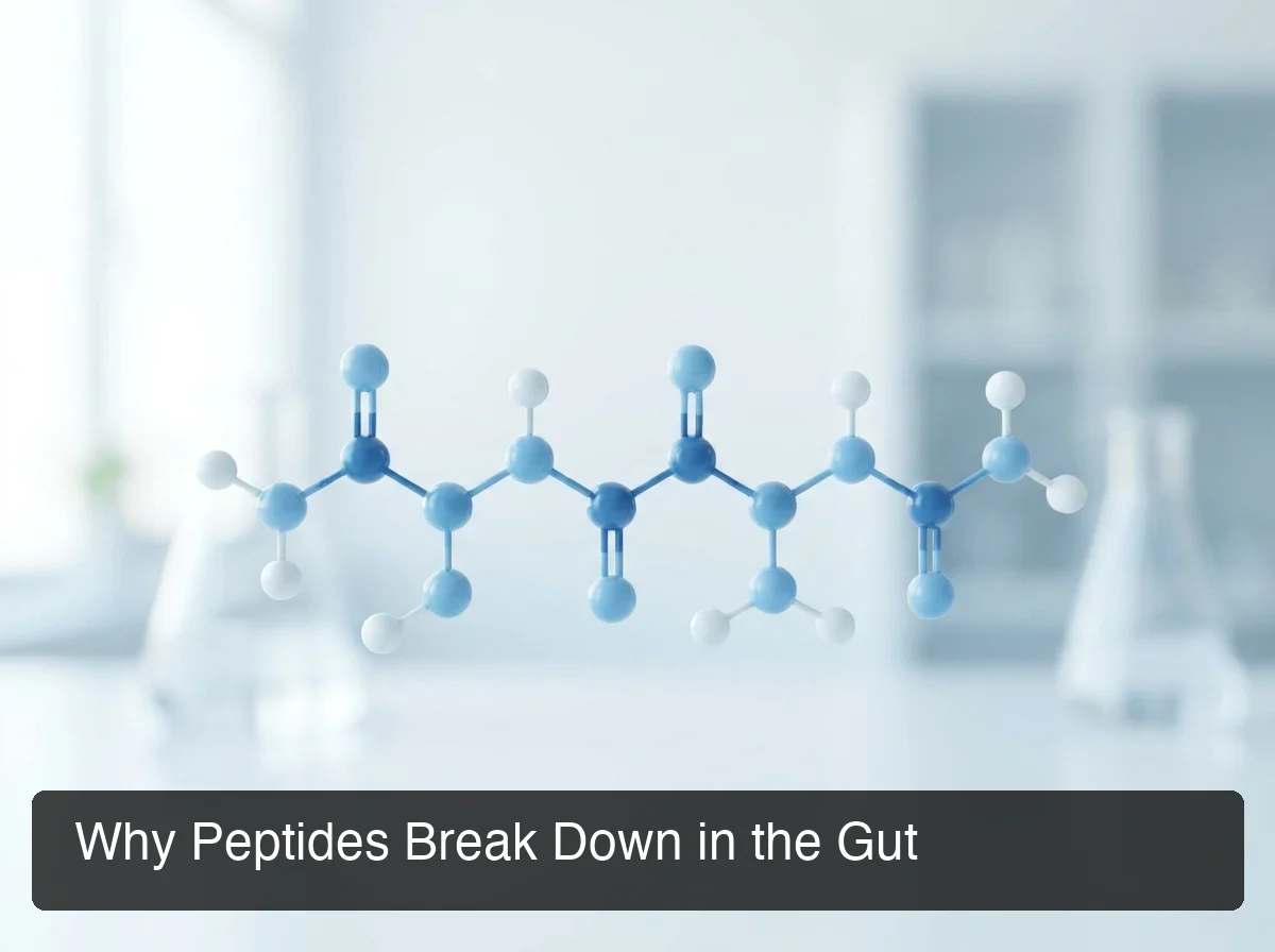 Molecular illustration showing cjc-1295 absorption rate loss as the peptide chain degrades in the gut