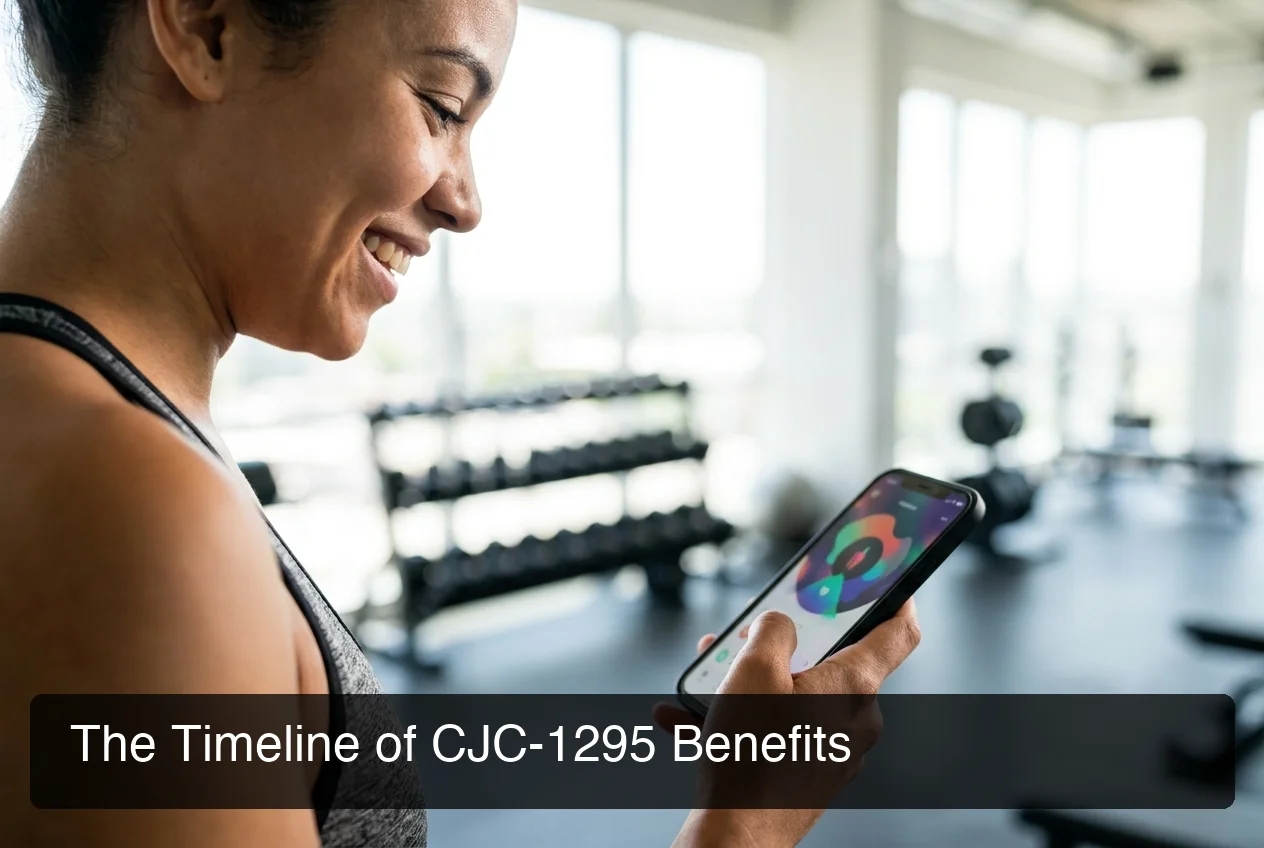 PeptideIQ CJC-1295 benefits timeline showing fitness progress tracked on mobile app for protocol adherence