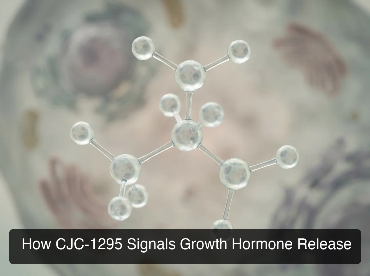 PeptideIQ CJC-1295 growth hormone release mechanism showing molecular signaling pathway and cellular interaction