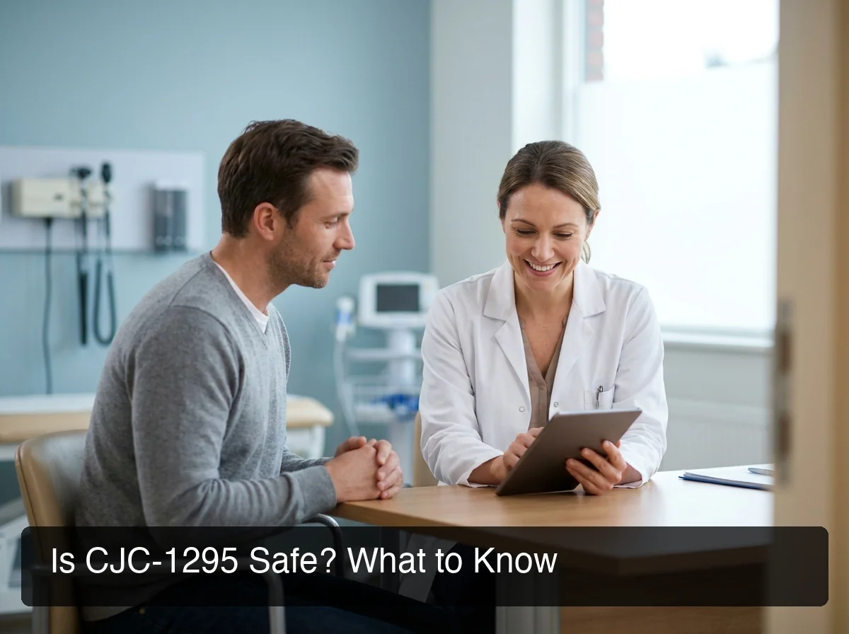 PeptideIQ CJC-1295 safety considerations showing medical professional consulting patient on peptide protocol