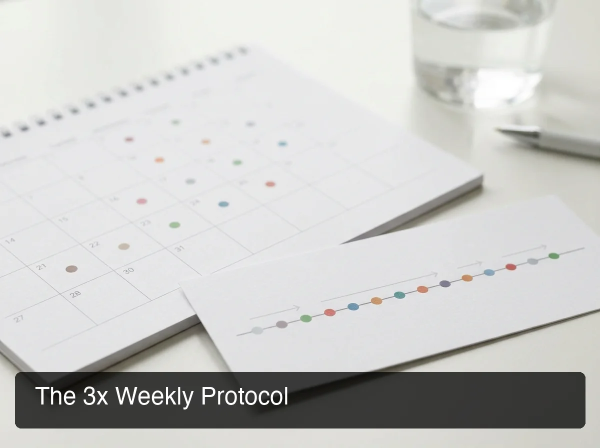 PeptideIQ CJC-1295 dosage protocol showing 3x weekly injection schedule calendar