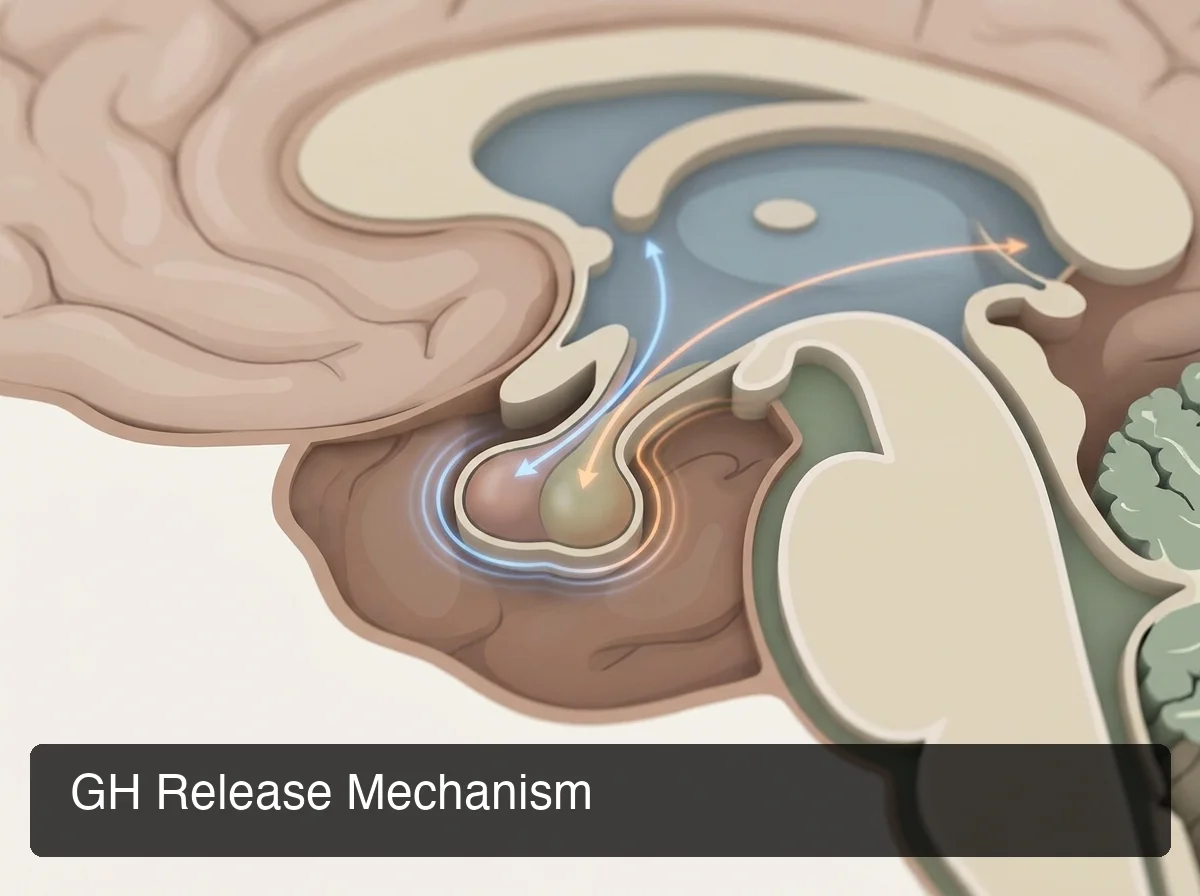 PeptideIQ CJC-1295 benefits showing pituitary gland hormone release pathway and GH mechanism