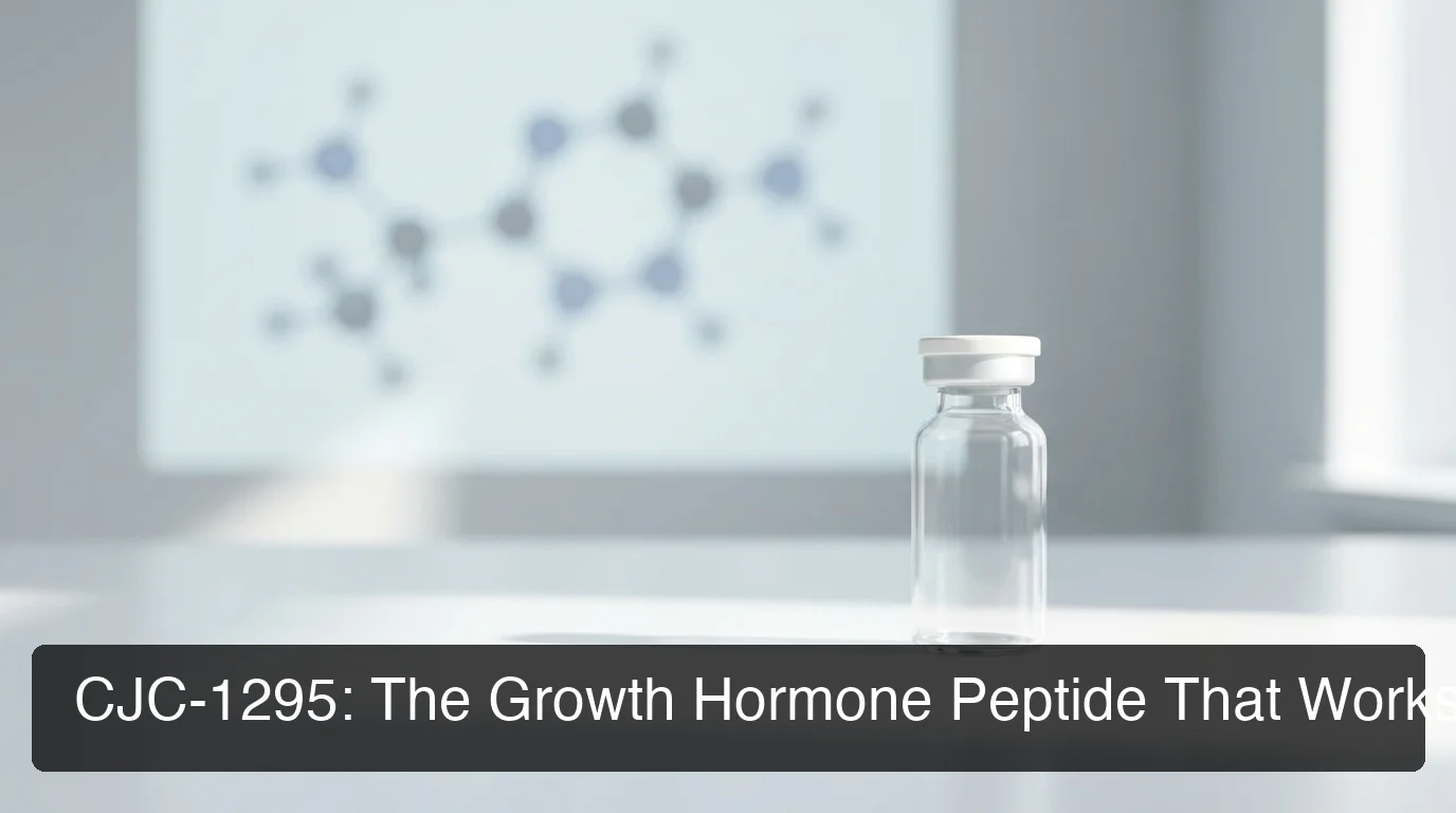 PeptideIQ CJC peptide guide showing peptide vial and molecular structure in clinical laboratory setting