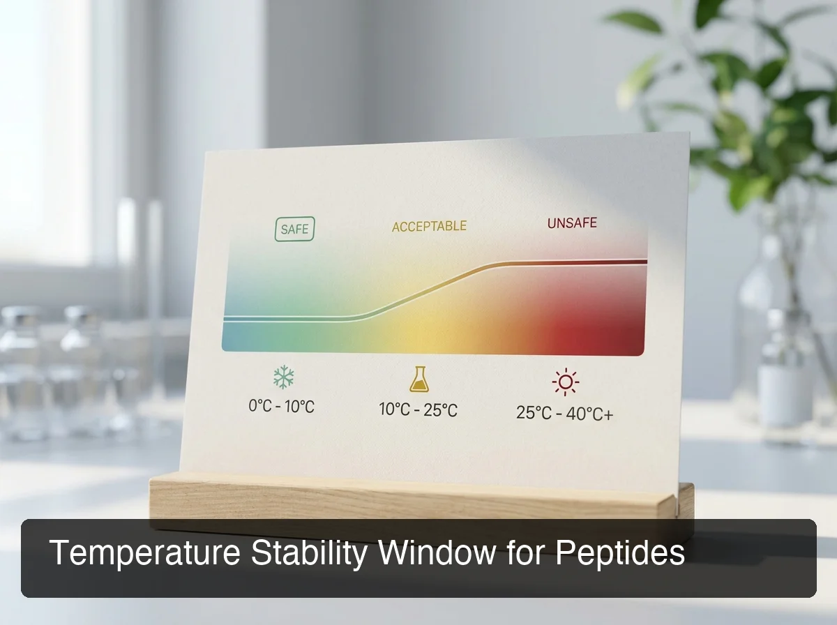 PeptideIQ peptide refrigeration temperature guide showing the 2-8°C stability zone across different temperature ranges