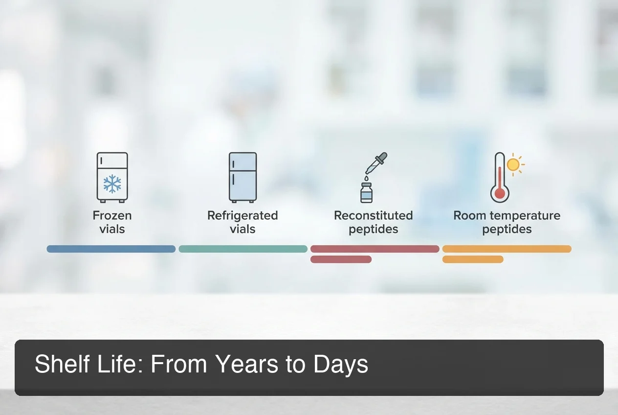 PeptideIQ peptide shelf life refrigerated — timeline comparing shelf life from frozen lyophilized to reconstituted at room temperature