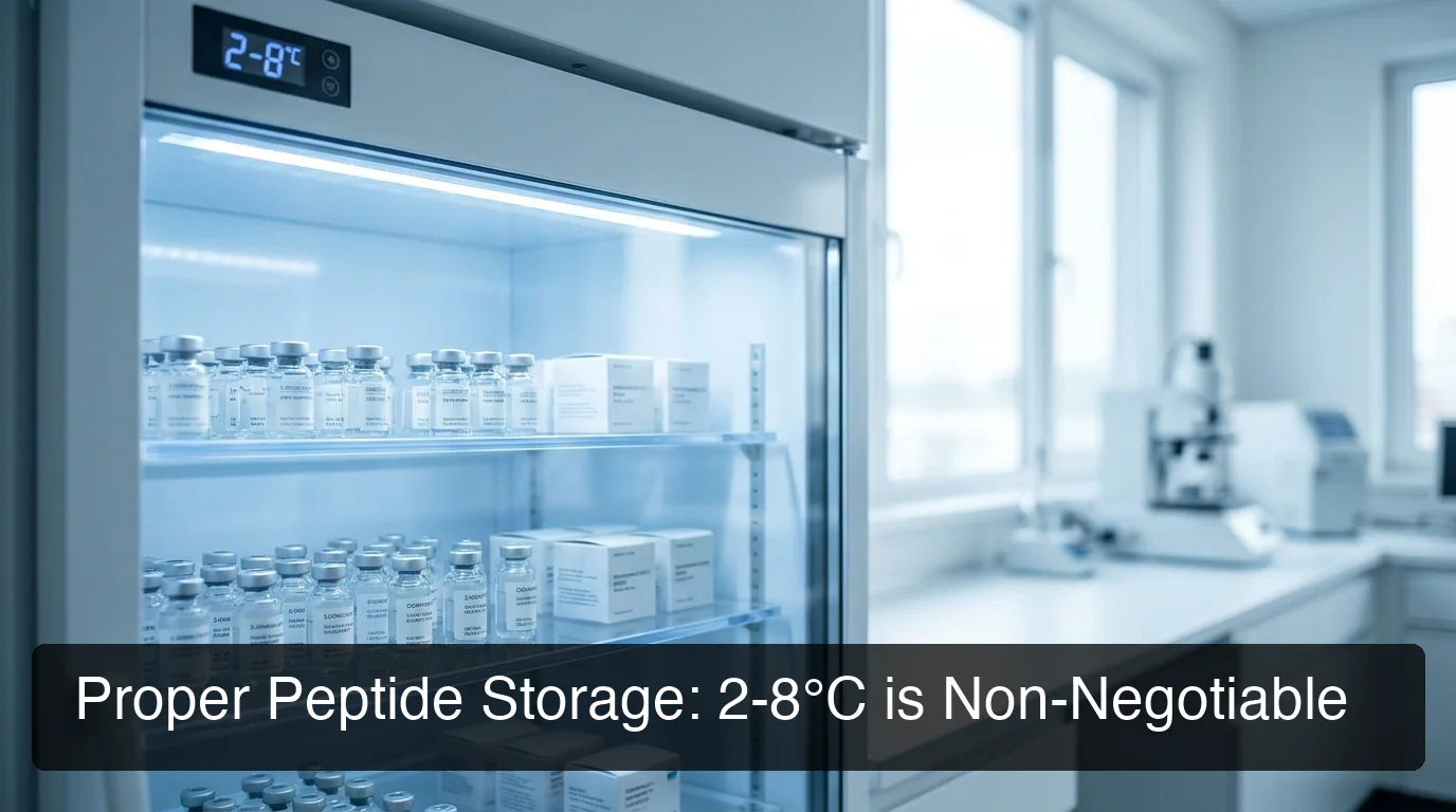 Do peptides need to be refrigerated — peptide vials in proper 2-8°C cold storage with organized shelving and blue LED lighting