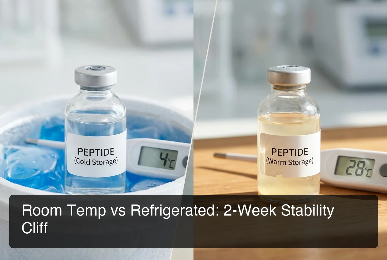 PeptideIQ peptide storage 2-8 celsius tracking showing comparison of properly stored versus degraded peptide vials