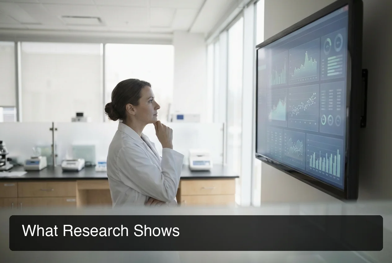 Scientist reviewing long-term peptide safety research data on laboratory monitor