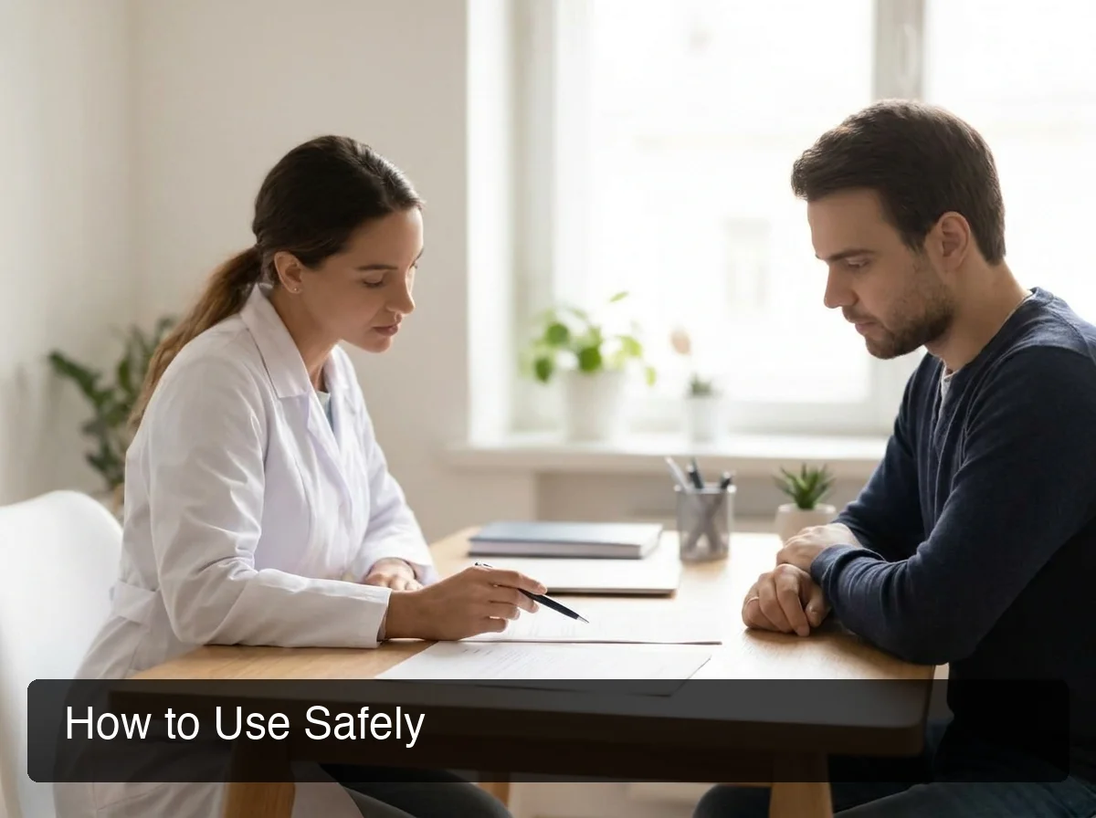 Healthcare professional consulting with patient reviewing peptide protocol and safety management documentation