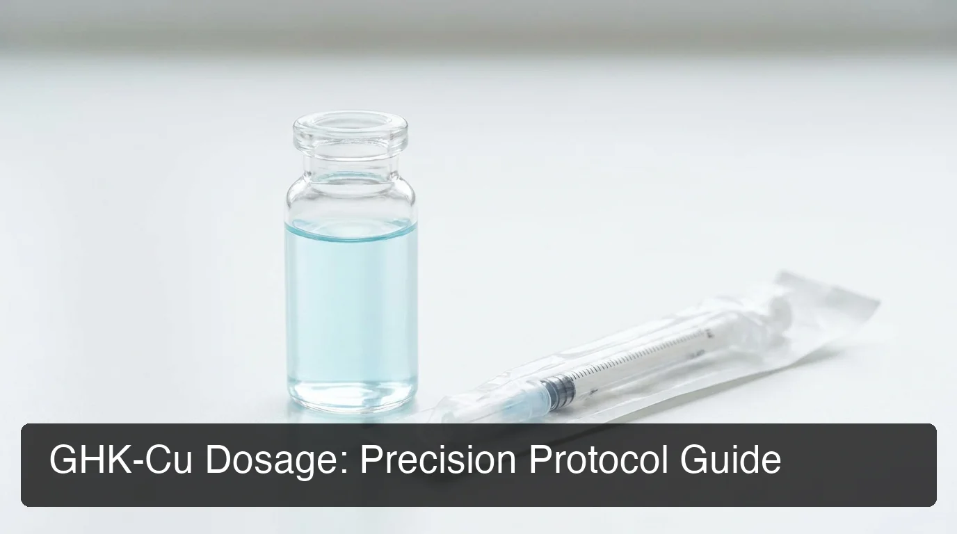 GHK-Cu peptide injection dosage protocol guide showing vial and sterile needle preparation on clinical surface