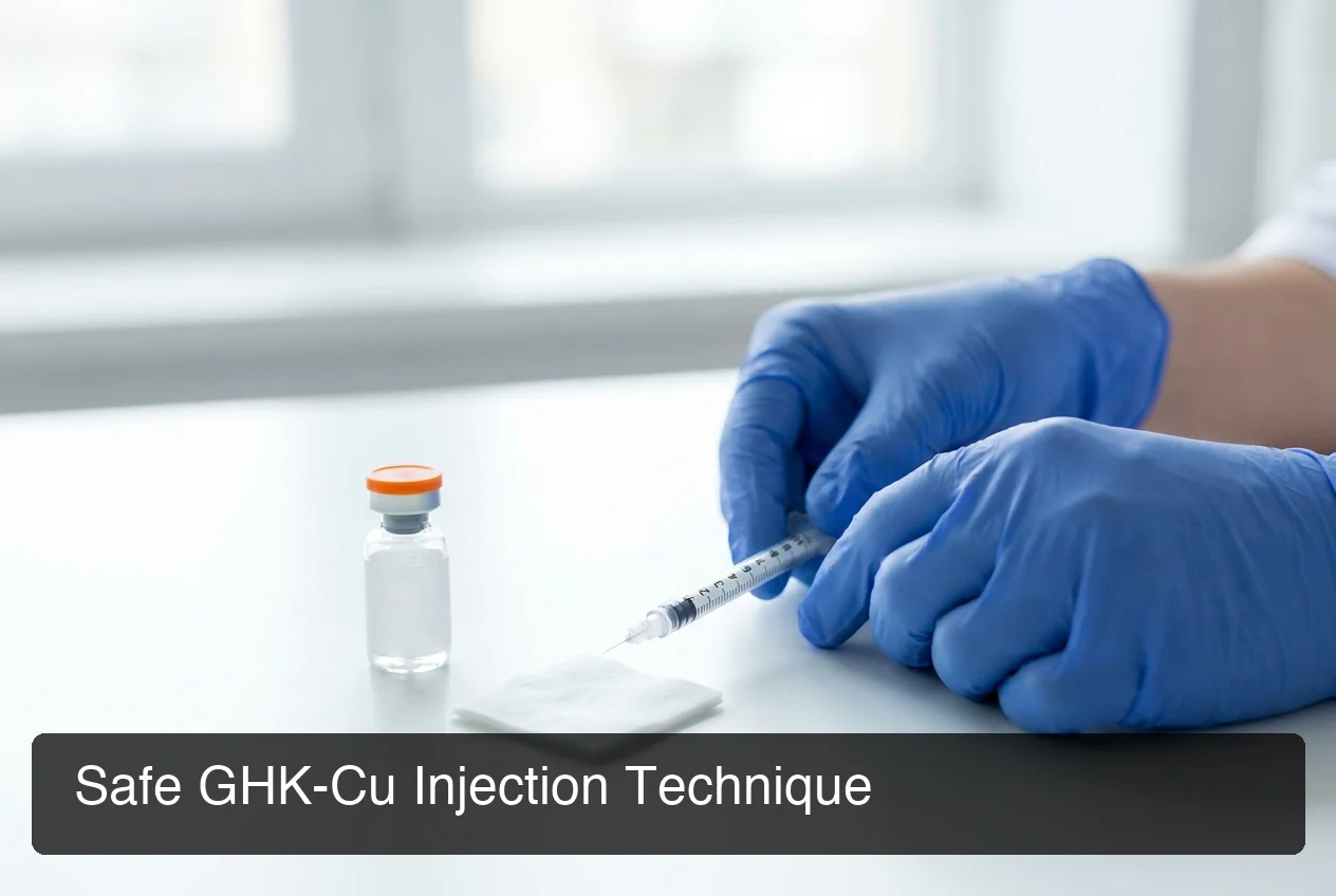 GHK-Cu injection preparation showing hands with insulin syringe in sterile clinical environment