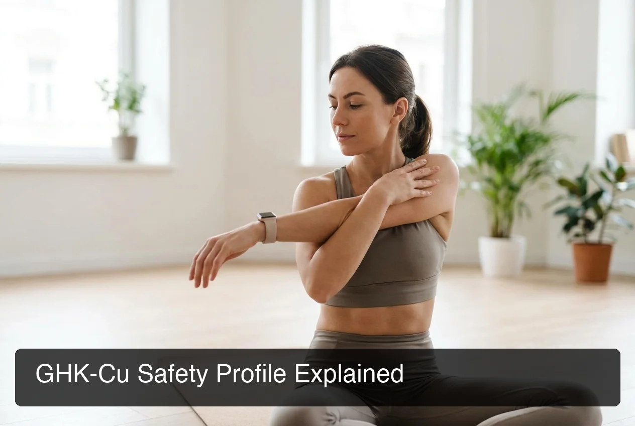 PeptideIQ GHK-Cu safety profile showing wellness metrics on a clean digital health dashboard