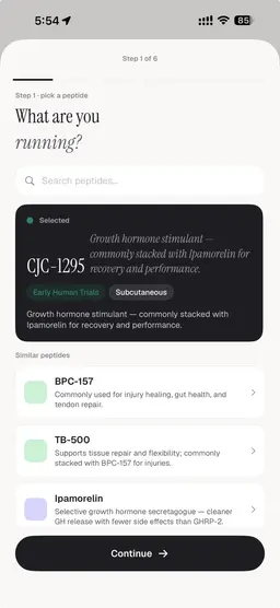 PeptideIQ peptide library showing GHK-Cu selection with clinical evidence badge