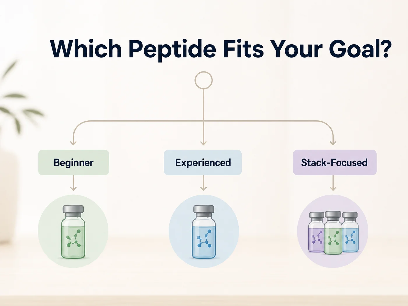 PeptideIQ decision framework graphic showing Beginner, Experienced, and Stack-Focused paths to a GHRP-2 or Ipamorelin protocol
