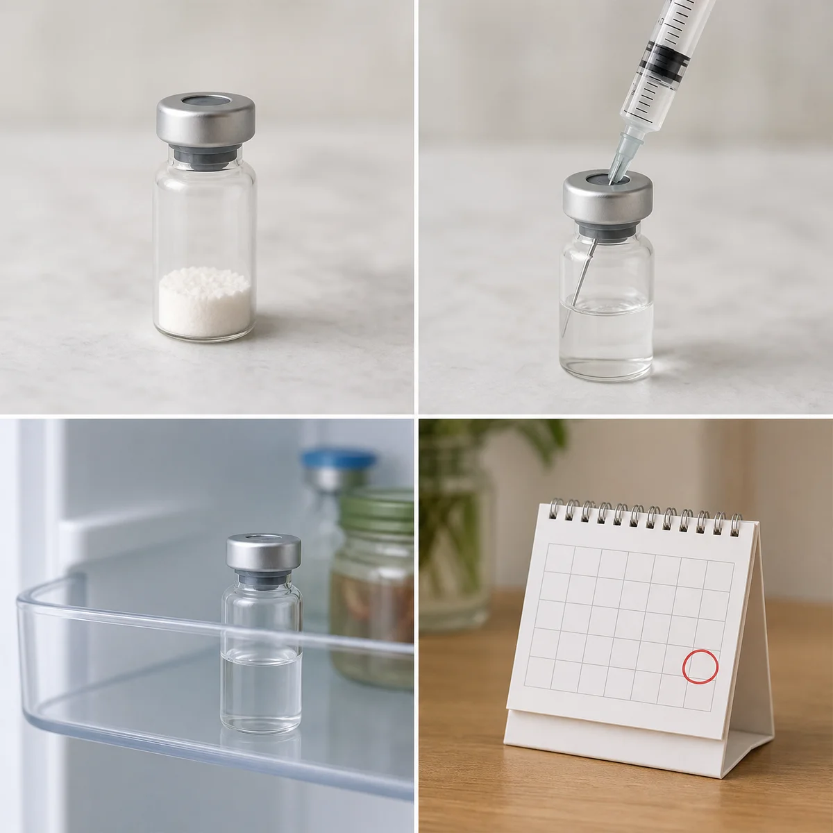 Step-by-step timeline from peptide powder to reconstitution to expiry date, showing BAC water being added and a calendar countdown