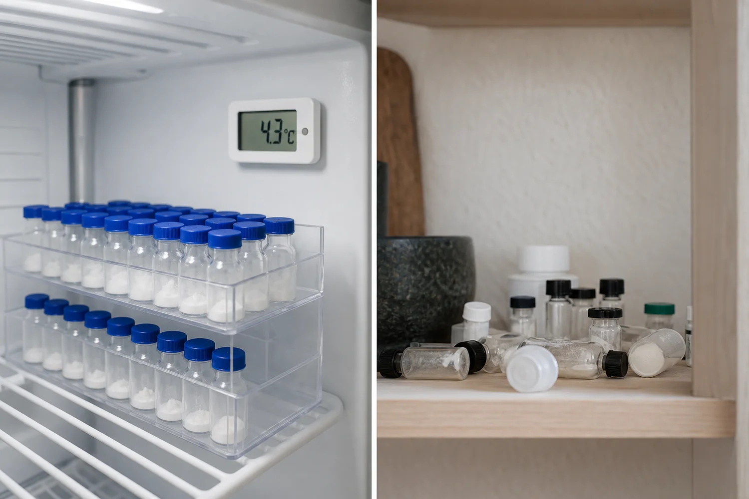 Split-screen comparison of proper peptide storage with labeled, organized vials at 2-8°C versus improper storage with unlabeled vials left at room temperature