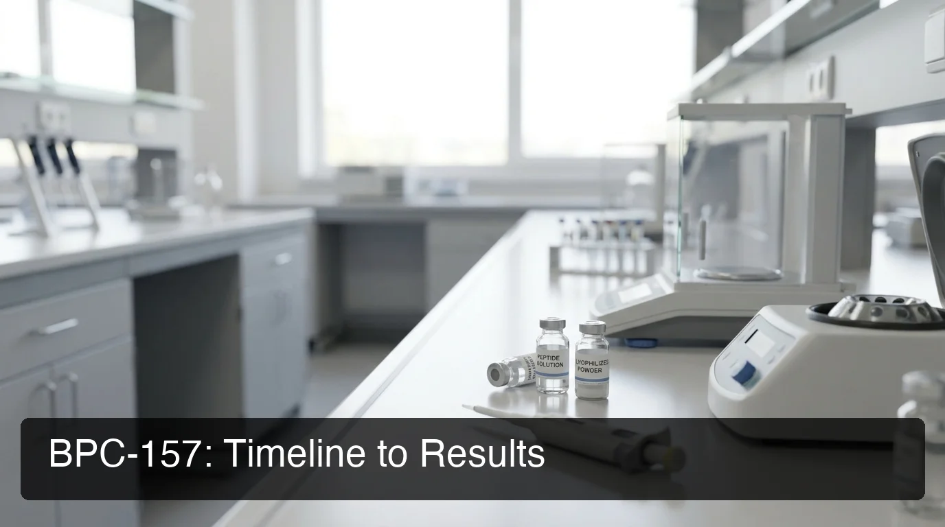 BPC-157 timeline to results — peptide vials in a clean research lab setting