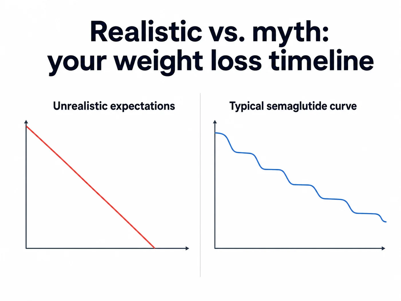 Split chart comparing an unrealistic straight-line weight loss expectation with the typical stepped semaglutide curve
