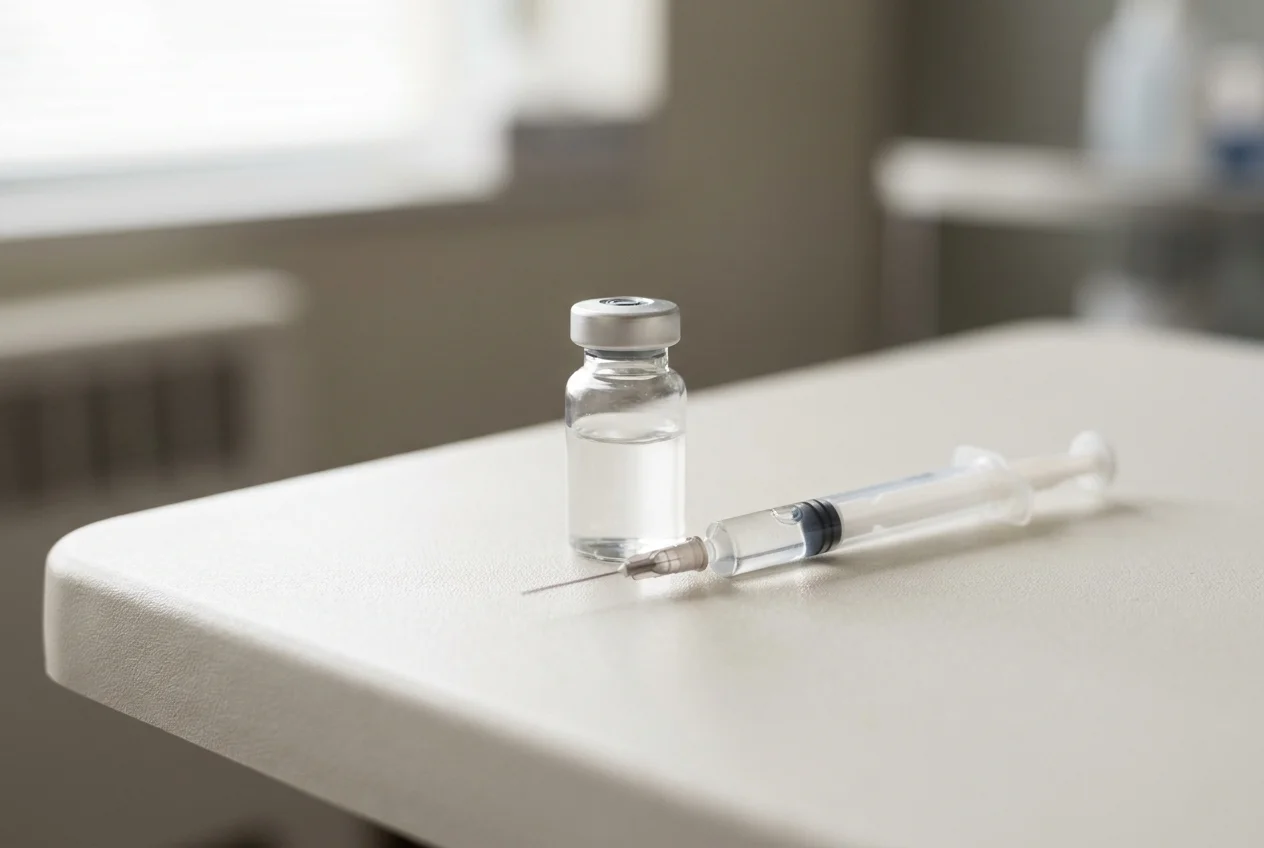 PeptideIQ app showing ready-to-inject peptide preparation with syringe loaded and solution ready in clean clinical setting