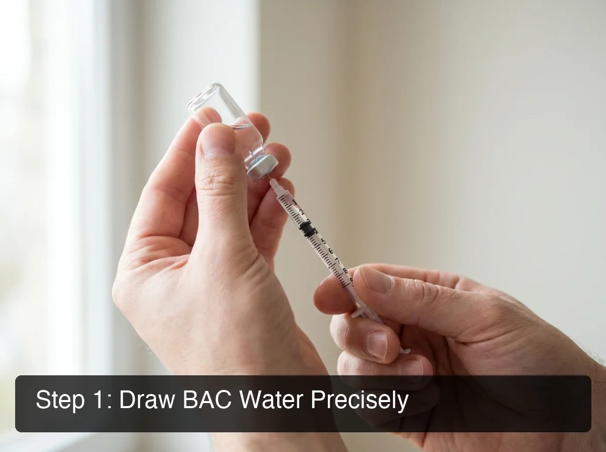 PeptideIQ peptide reconstitution steps showing hands drawing bacteriostatic water into syringe with measurement markings visible