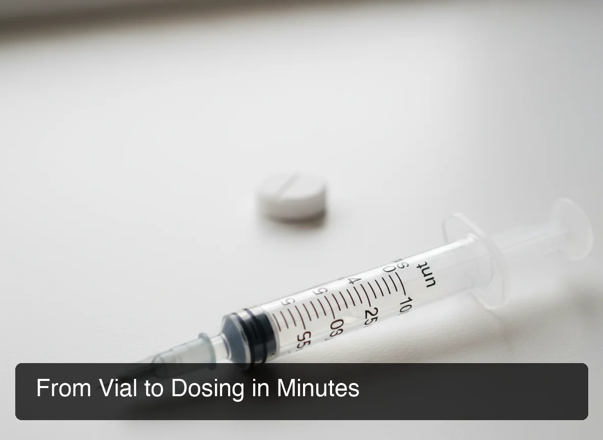 PeptideIQ BPC-157 dosage after reconstitution — insulin syringe with clear measurement markings showing exact draw line for precision dosing