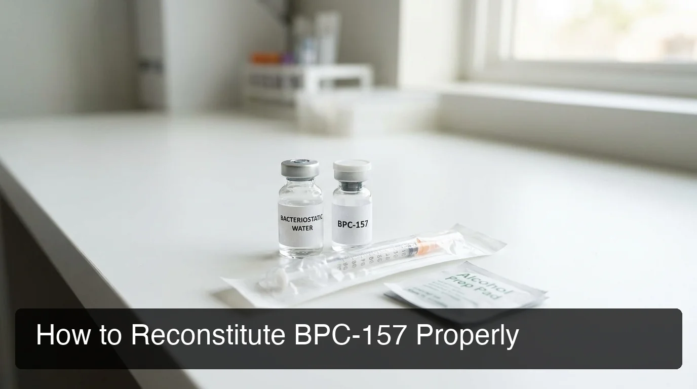 How to reconstitute BPC-157 — lab bench with bacteriostatic water vial, peptide powder, syringe, and alcohol wipe ready for sterile mixing