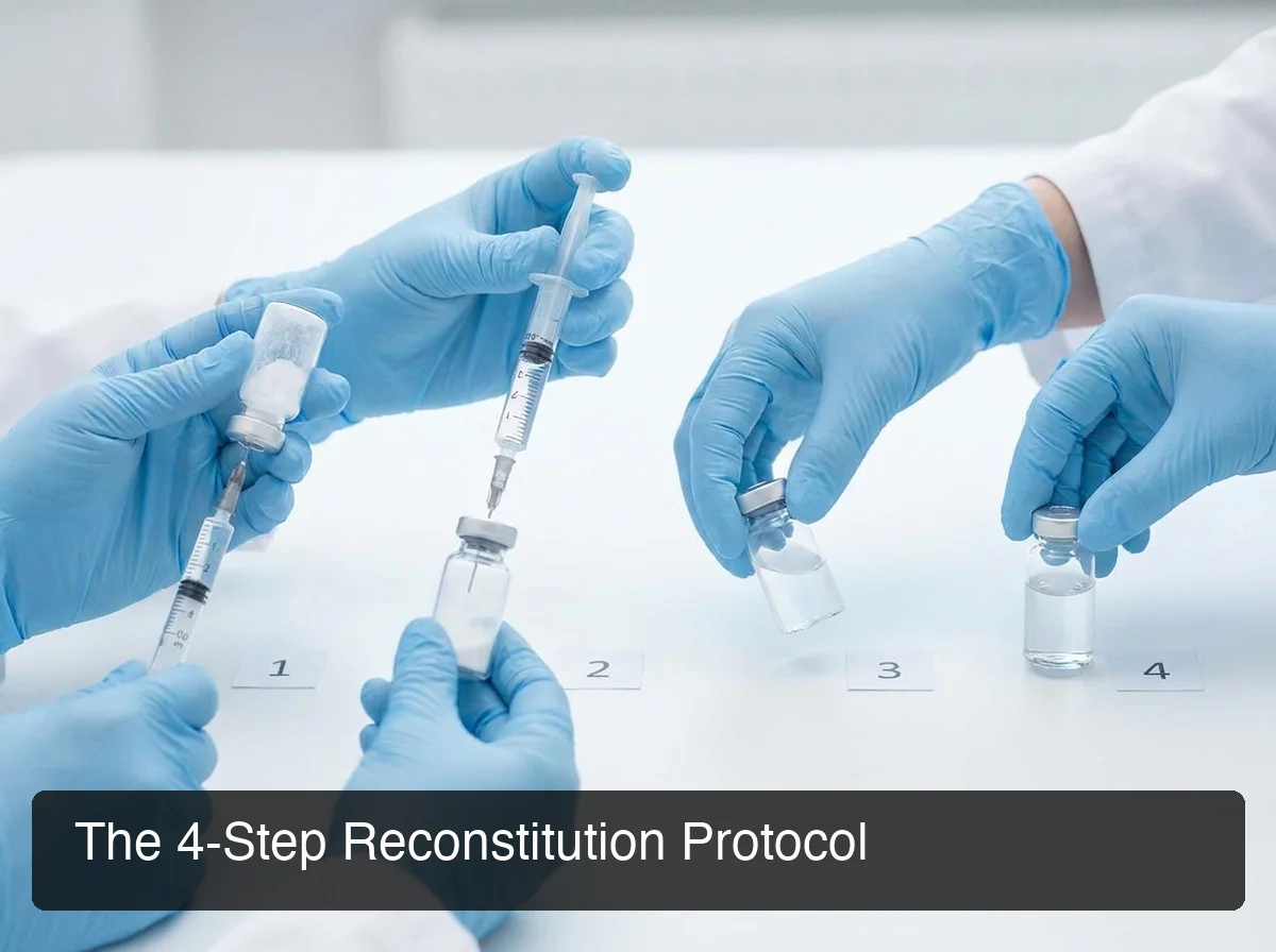PeptideIQ BPC-157 mixing guide showing step-by-step reconstitution process with sterile technique and clinical workspace