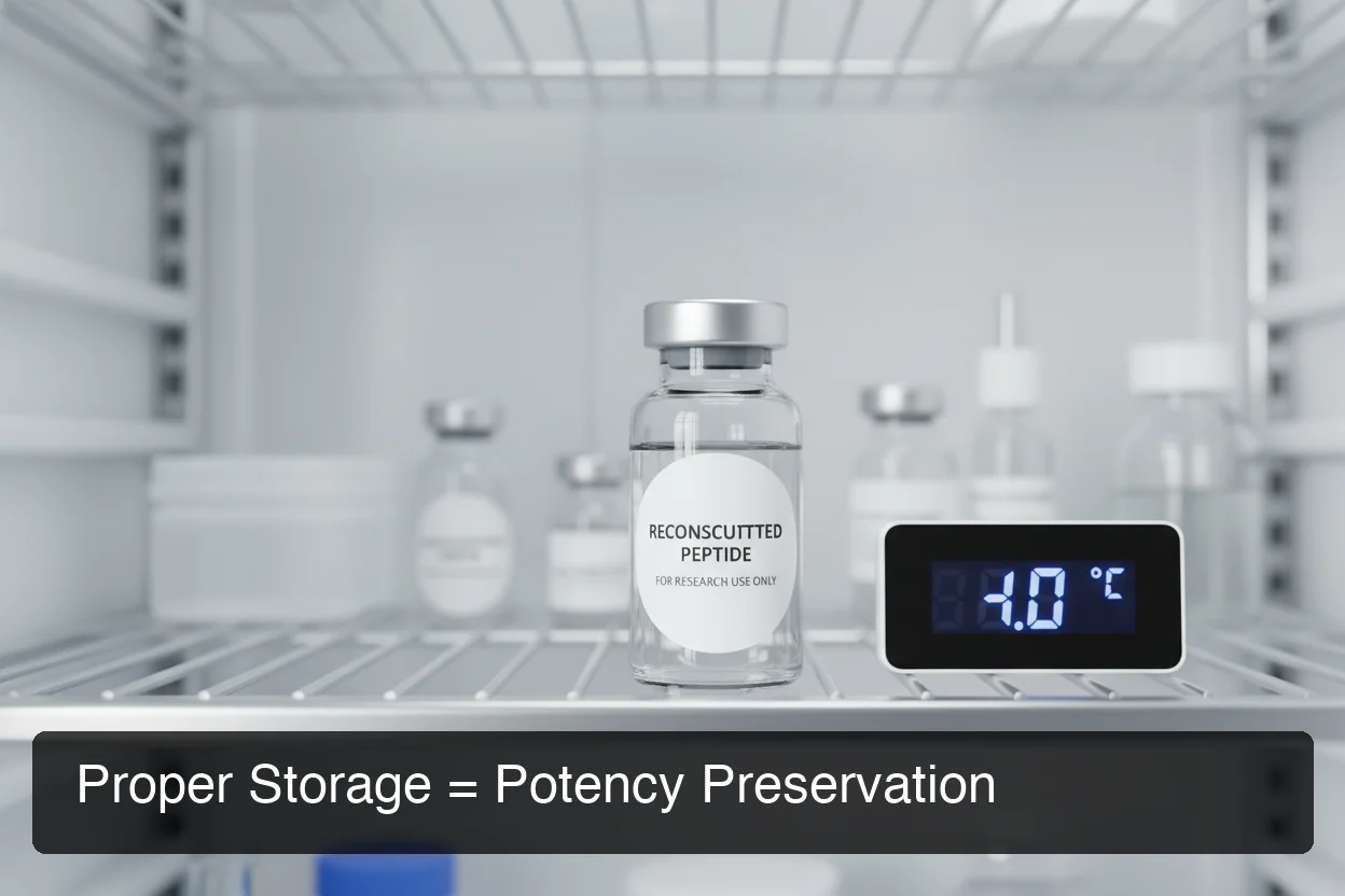 Reconstituted BPC-157 shelf life — peptide vial properly labeled with reconstitution date and concentration, stored correctly in refrigerator