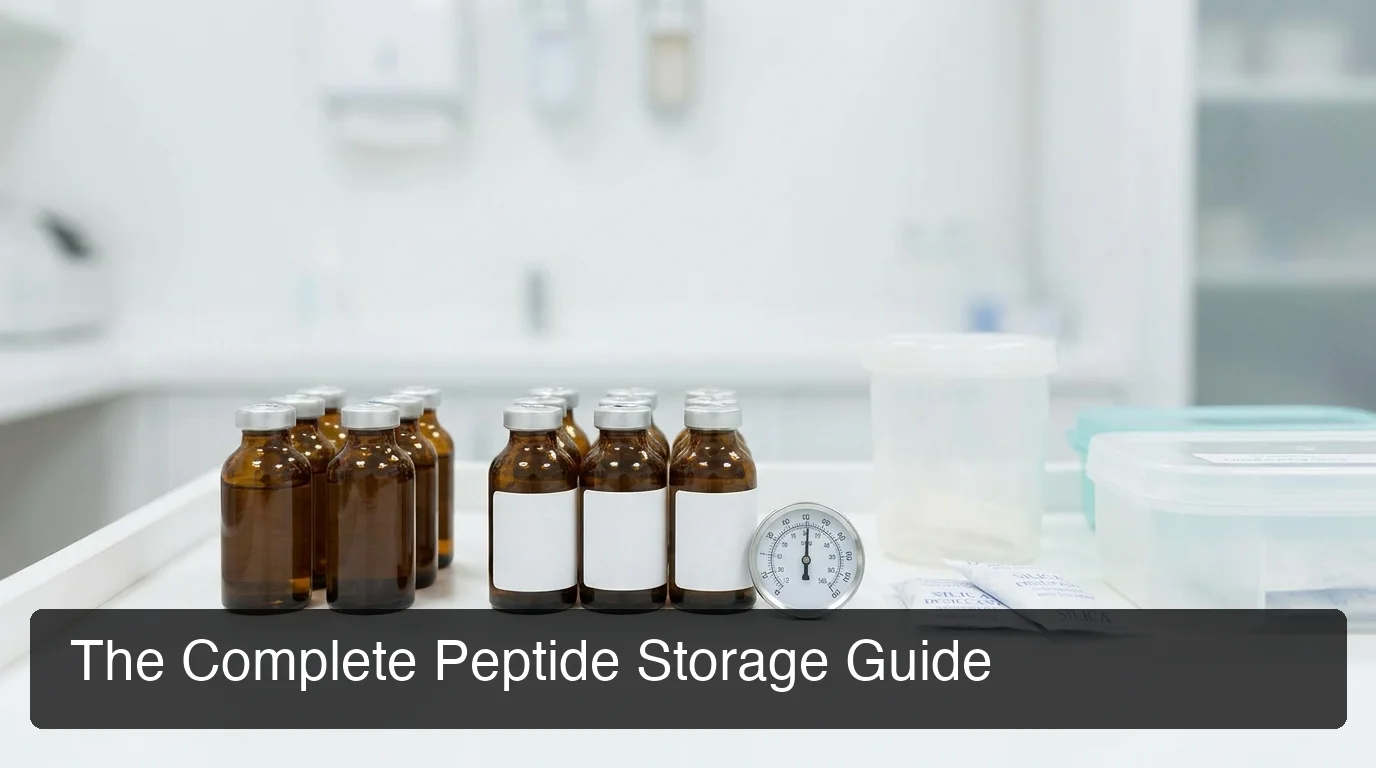 PeptideIQ how to store peptides with refrigerator amber vials and storage containers on counter