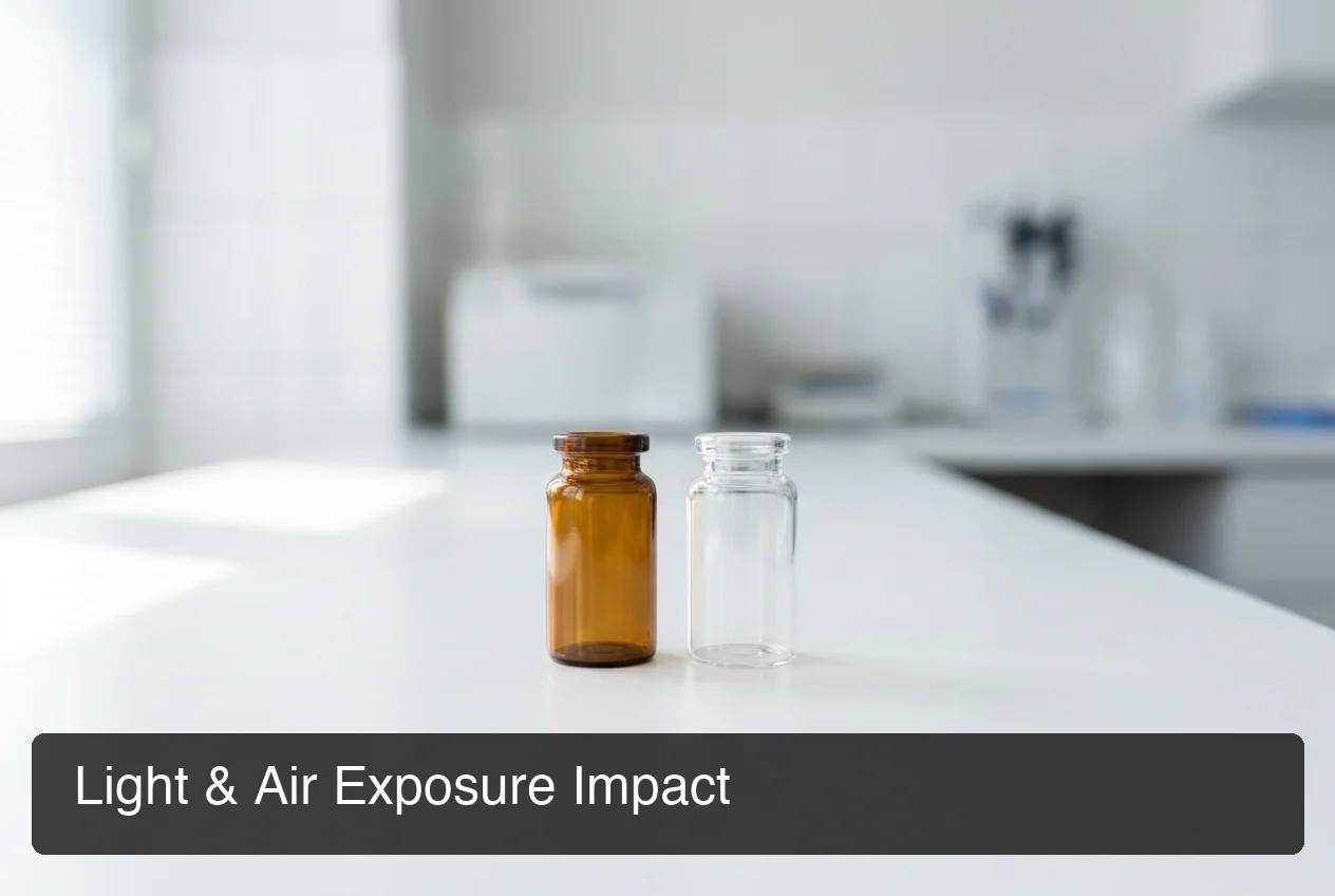PeptideIQ peptide stability showing amber vials vs clear vials and light air exposure impact
