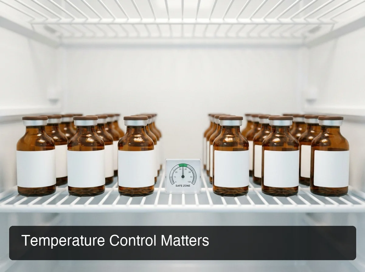 PeptideIQ refrigeration best practices with labeled amber vials in organized cold peptide storage