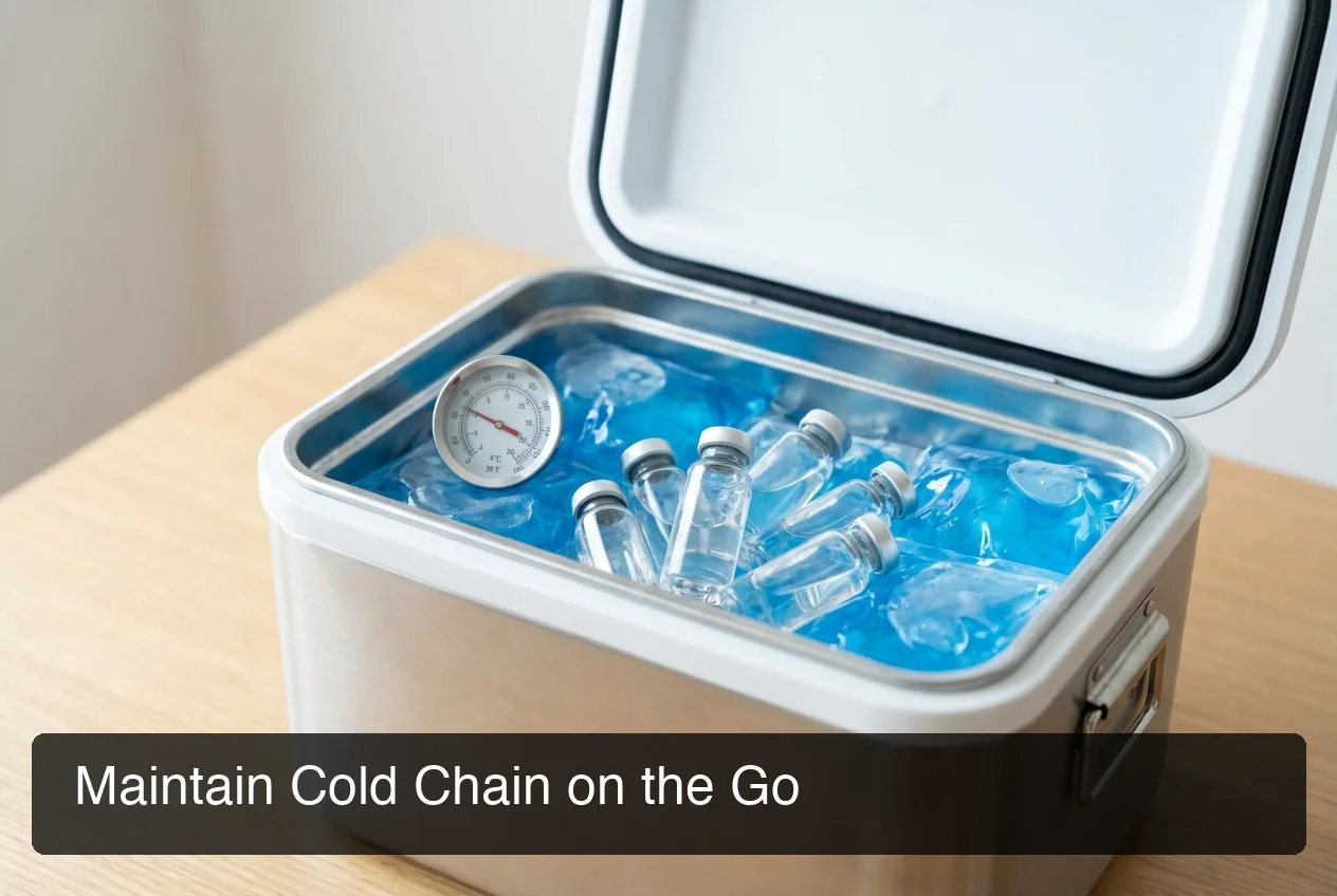 PeptideIQ insulated travel cooler maintaining 2-8°C cold chain for traveling with peptides