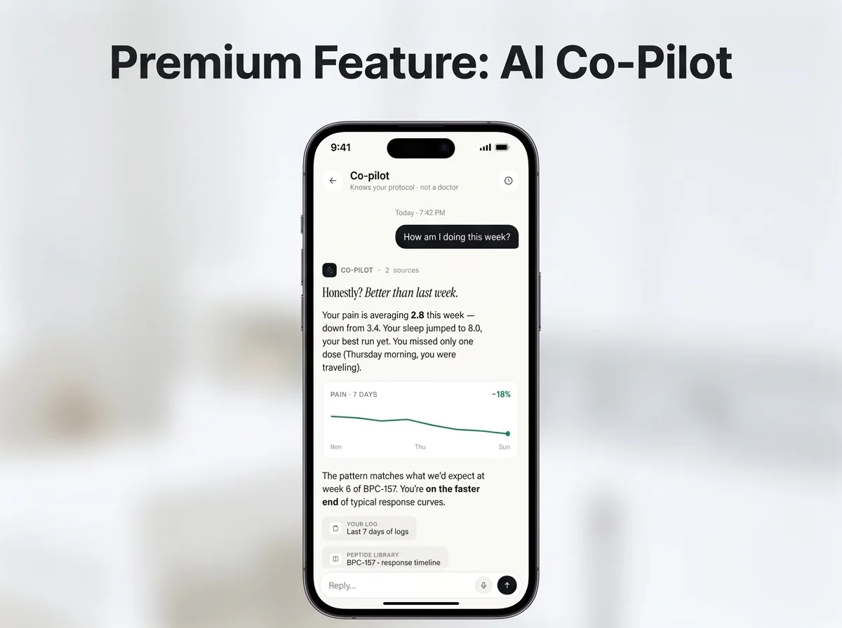PeptideIQ AI co-pilot weekly summary card showing pain, sleep, and adherence trends