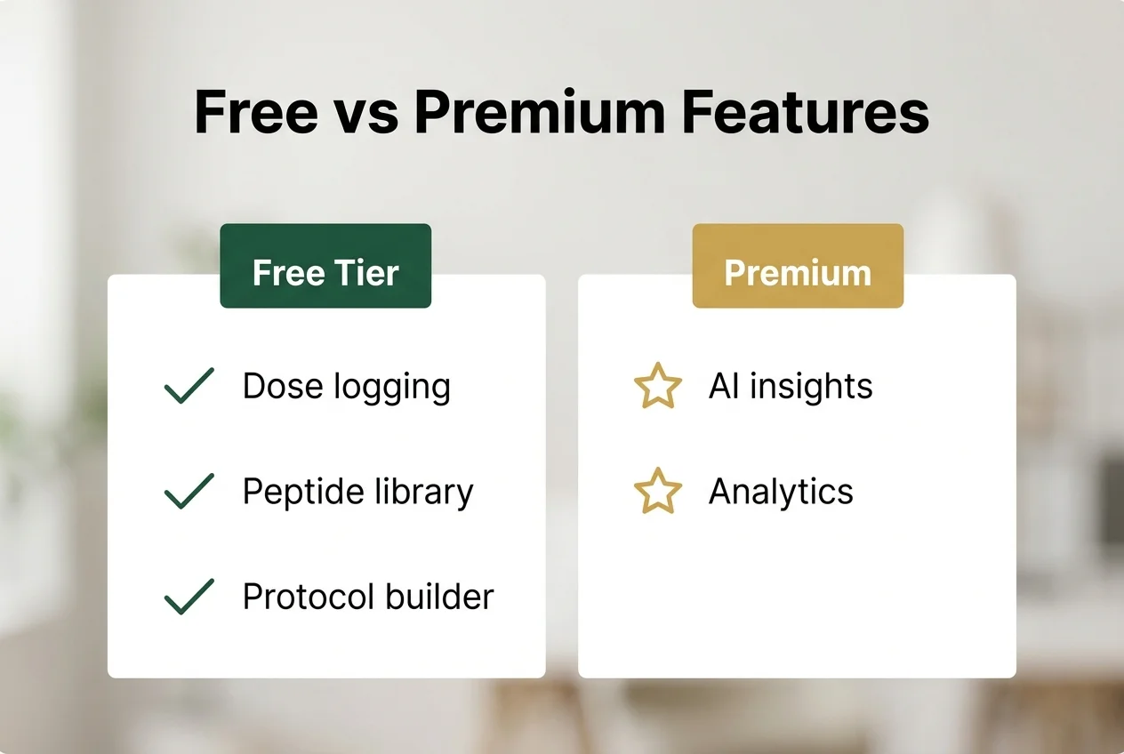 PeptideIQ free tier versus premium tier feature comparison with checkmarks and premium indicators