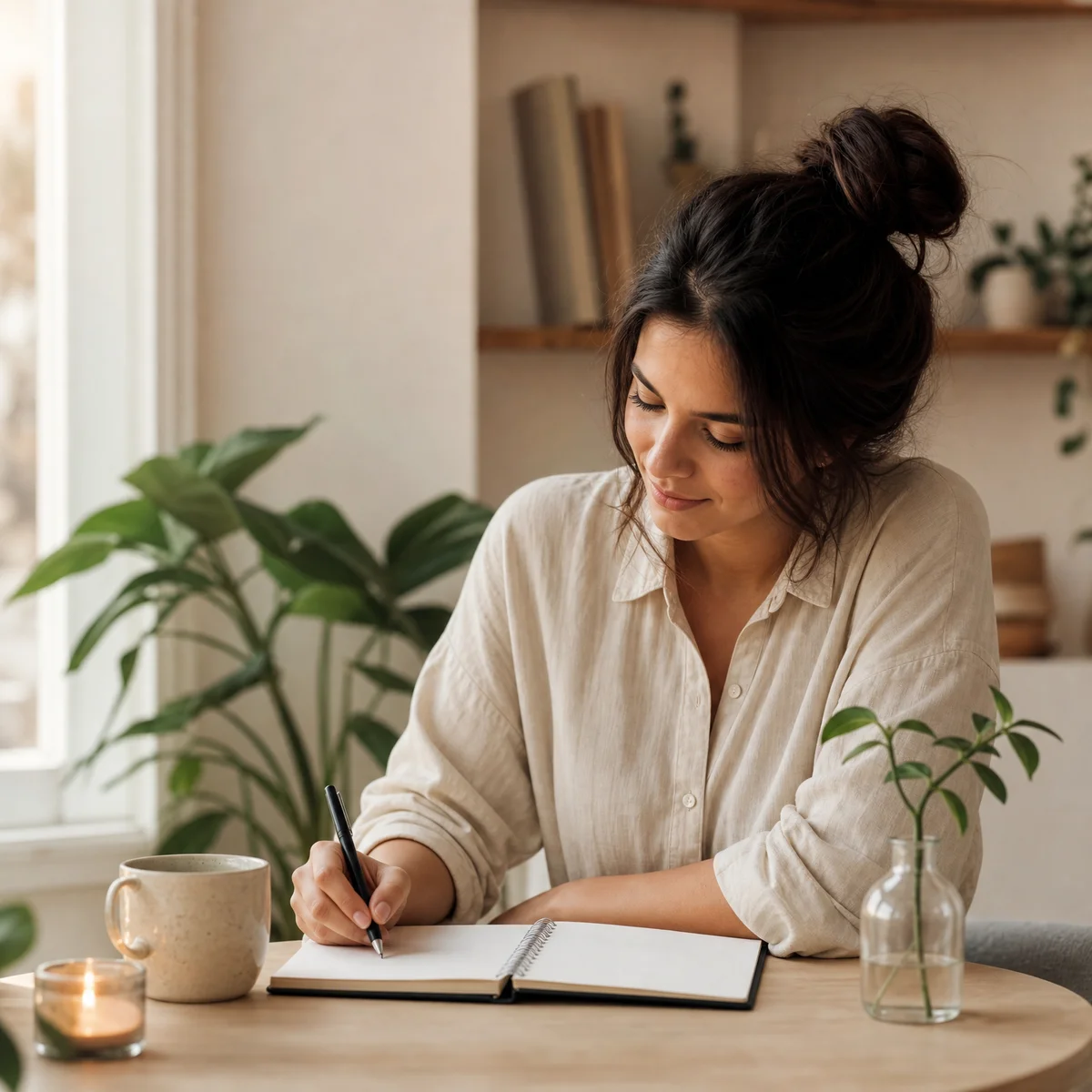 Person tracking wellness progress in a calm, organized setting