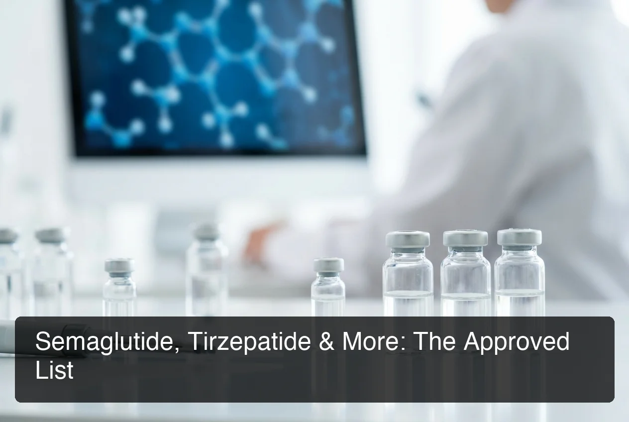 PeptideIQ semaglutide tirzepatide FDA-approved peptides in pharmaceutical lab setting with vials