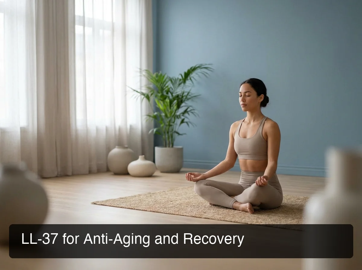 Fit healthy individual in minimalist wellness space with calm blue tones for LL-37 anti-aging recovery protocol