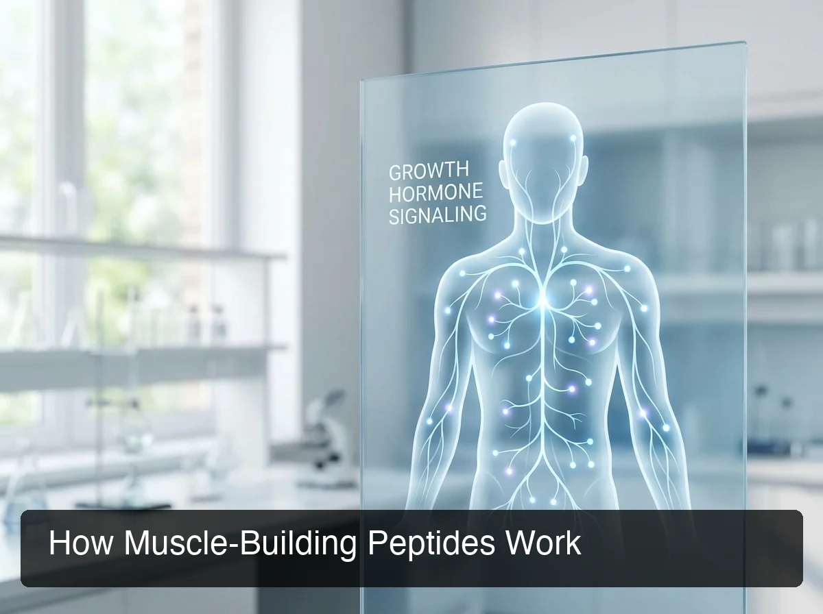 PeptideIQ showing best peptides for muscle growth and fat loss — growth hormone pathway from GHRH analog and GHRP stimulation to IGF-1 elevation