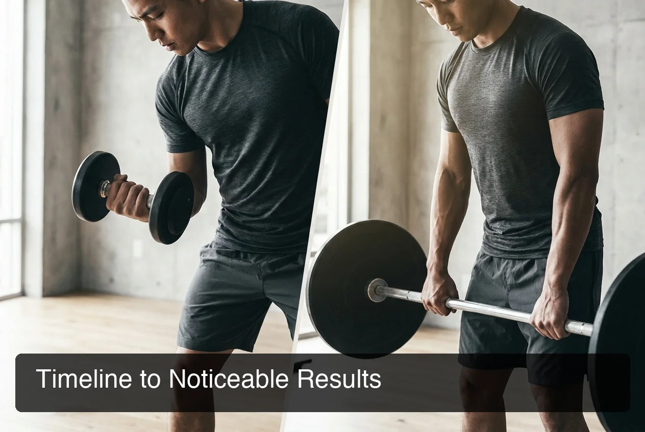 PeptideIQ muscle building peptides results timeline showing week-by-week progression from recovery improvement to visible muscle gain