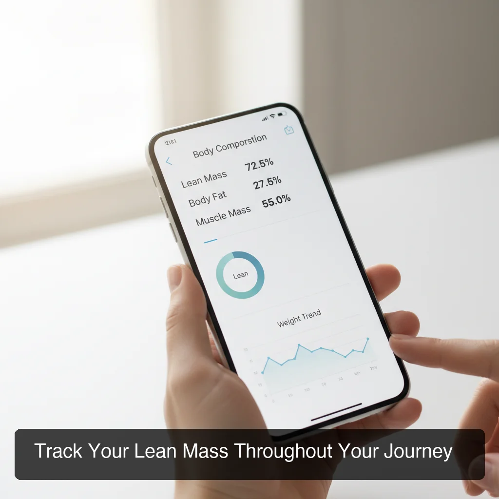 PeptideIQ GLP-1 lean mass tracking dashboard showing body composition metrics and weight trends over time