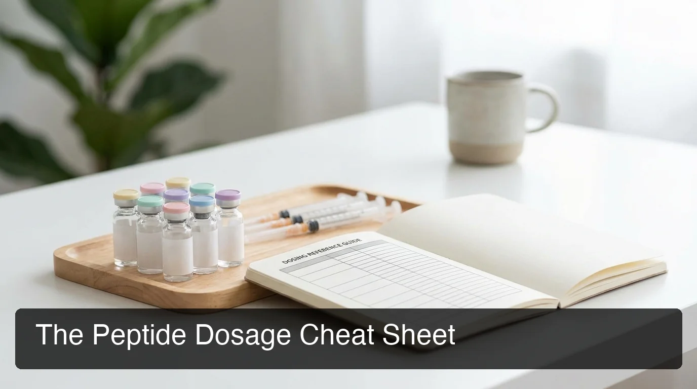 Peptide dosage cheat sheet reference guide with vials and syringes on a clinical desk