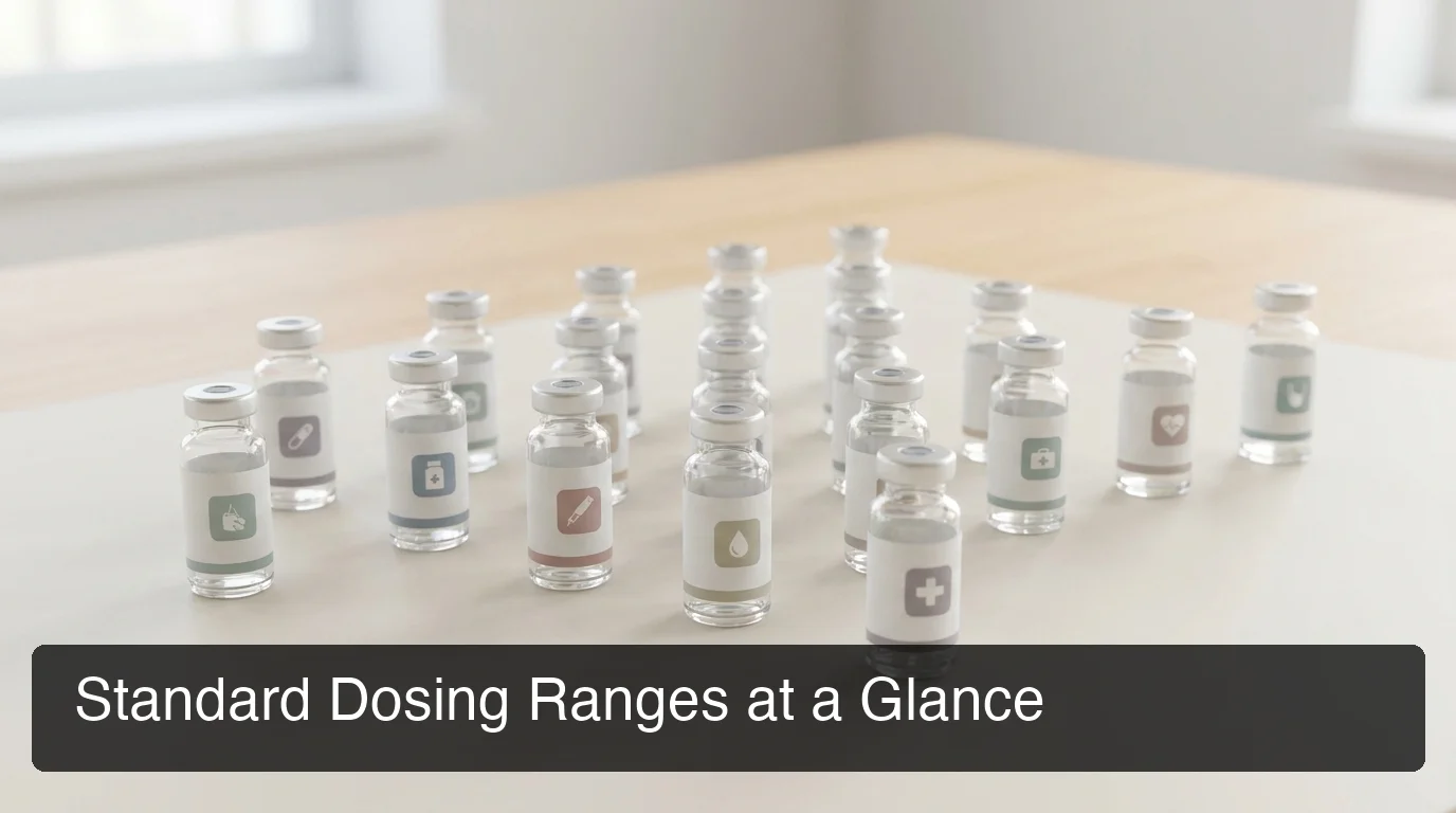 Standard peptide dosing ranges infographic covering popular peptides including BPC-157 and GLP-1