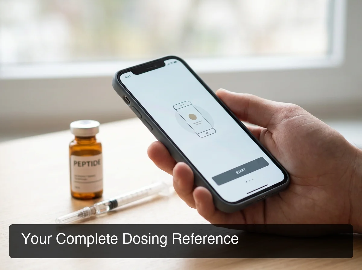 PeptideIQ peptide dosage calculator on mobile device showing reconstitution inputs and visual syringe draw marker
