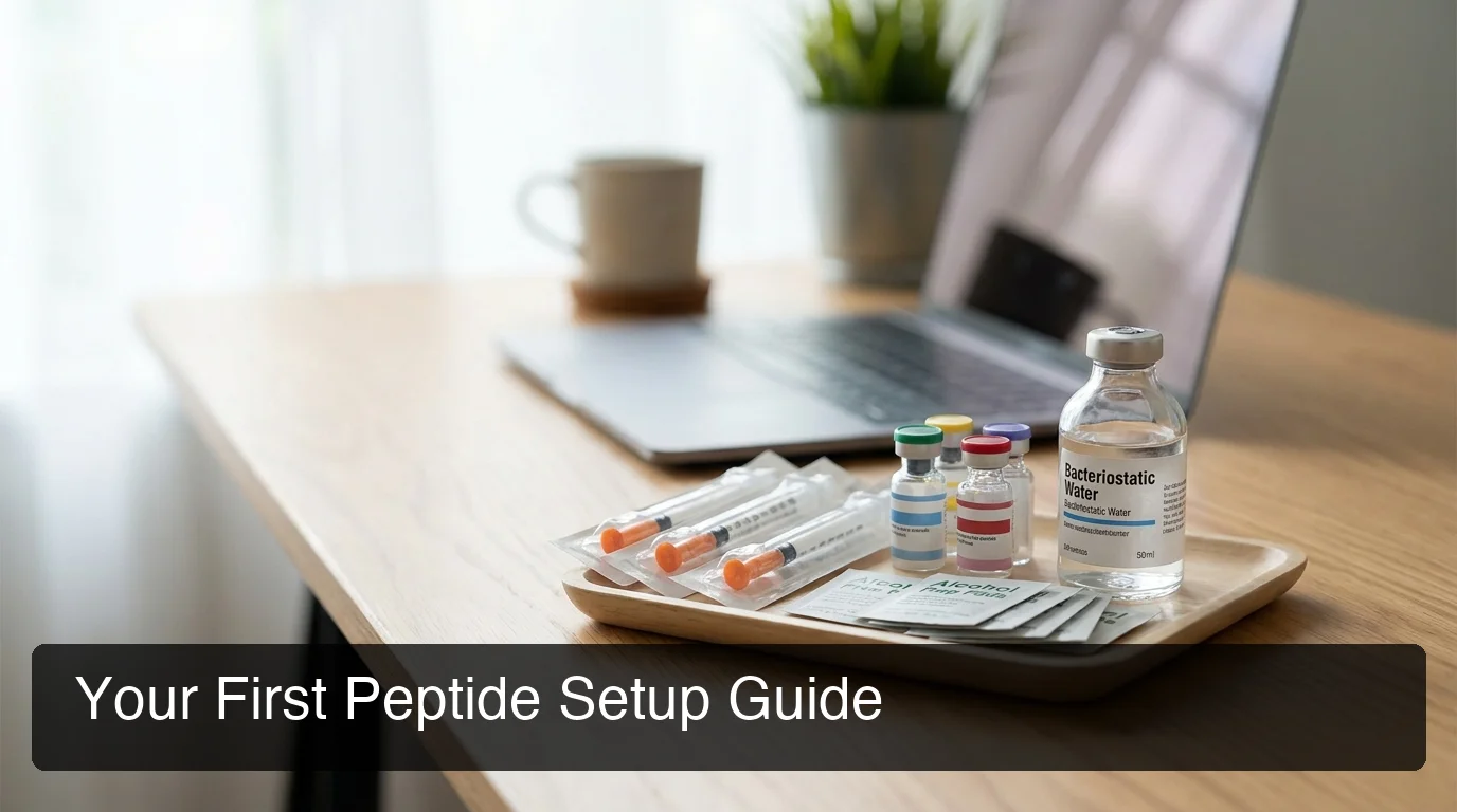 PeptideIQ peptide guide for beginners — organized desk workspace with peptide vials, bacteriostatic water, and insulin syringes