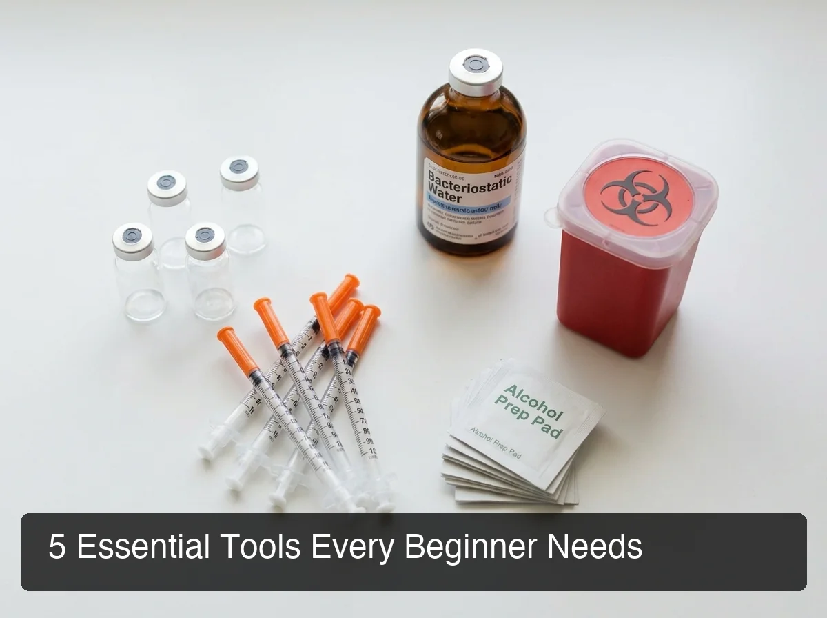 5 essential peptide beginner tools — flat lay of vials, insulin syringes, bacteriostatic water, and alcohol swabs on clean white background