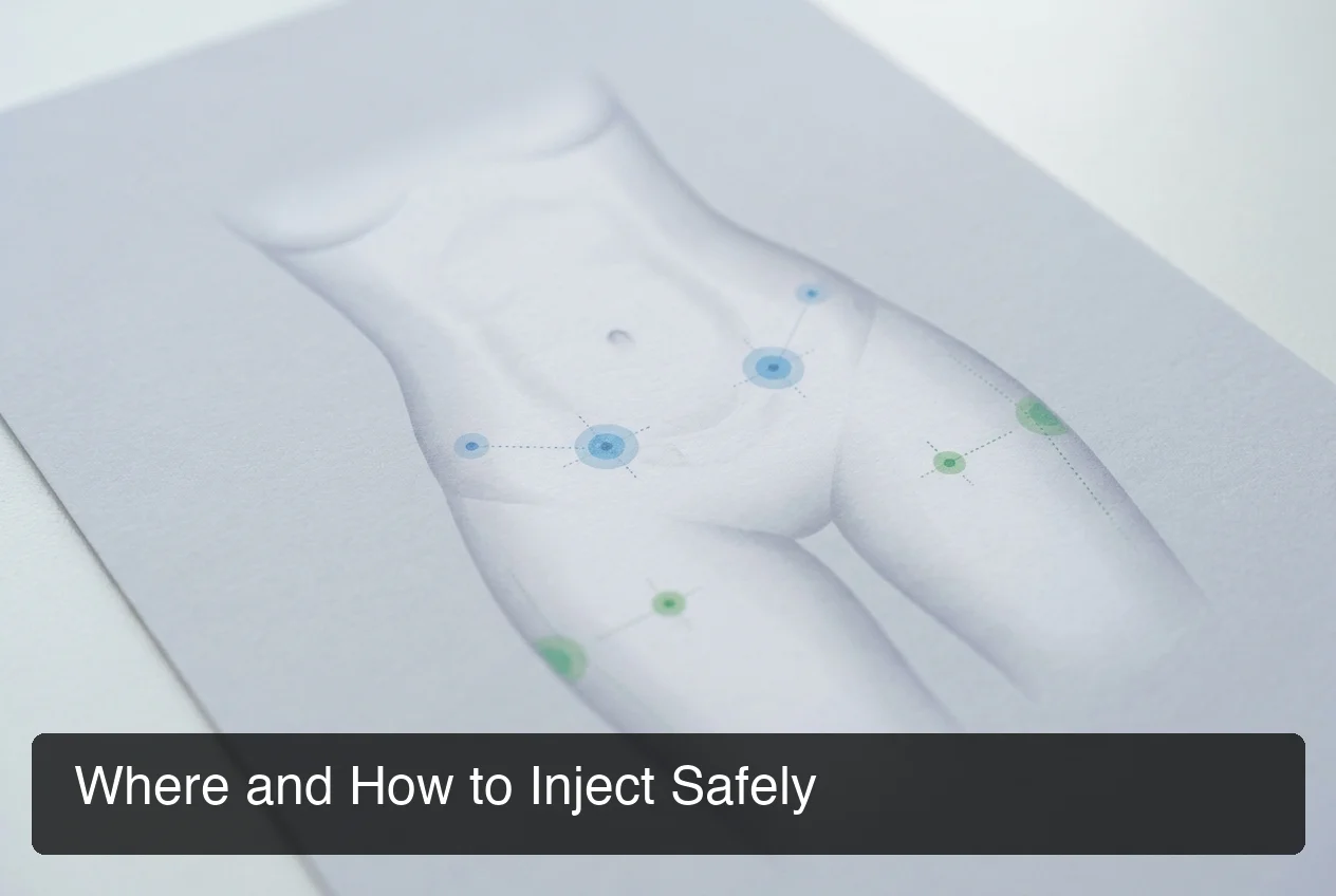 PeptideIQ peptide injection site rotation guide showing subcutaneous injection sites for beginners — abdomen and thigh