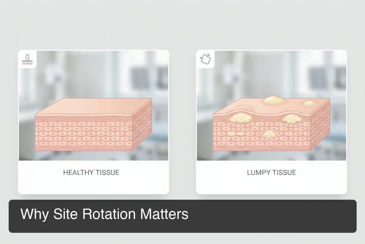 PeptideIQ lipohypertrophy site rotation guide showing why rotating peptide injection sites prevents tissue damage over a protocol cycle