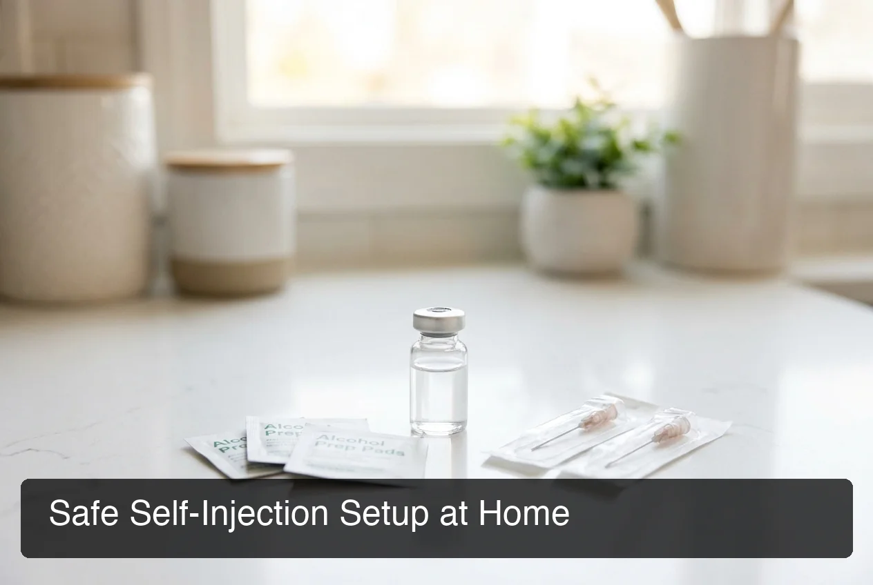 PeptideIQ safe injection setup at home showing sterile needles, alcohol prep pads, and peptide vial for safe home injection