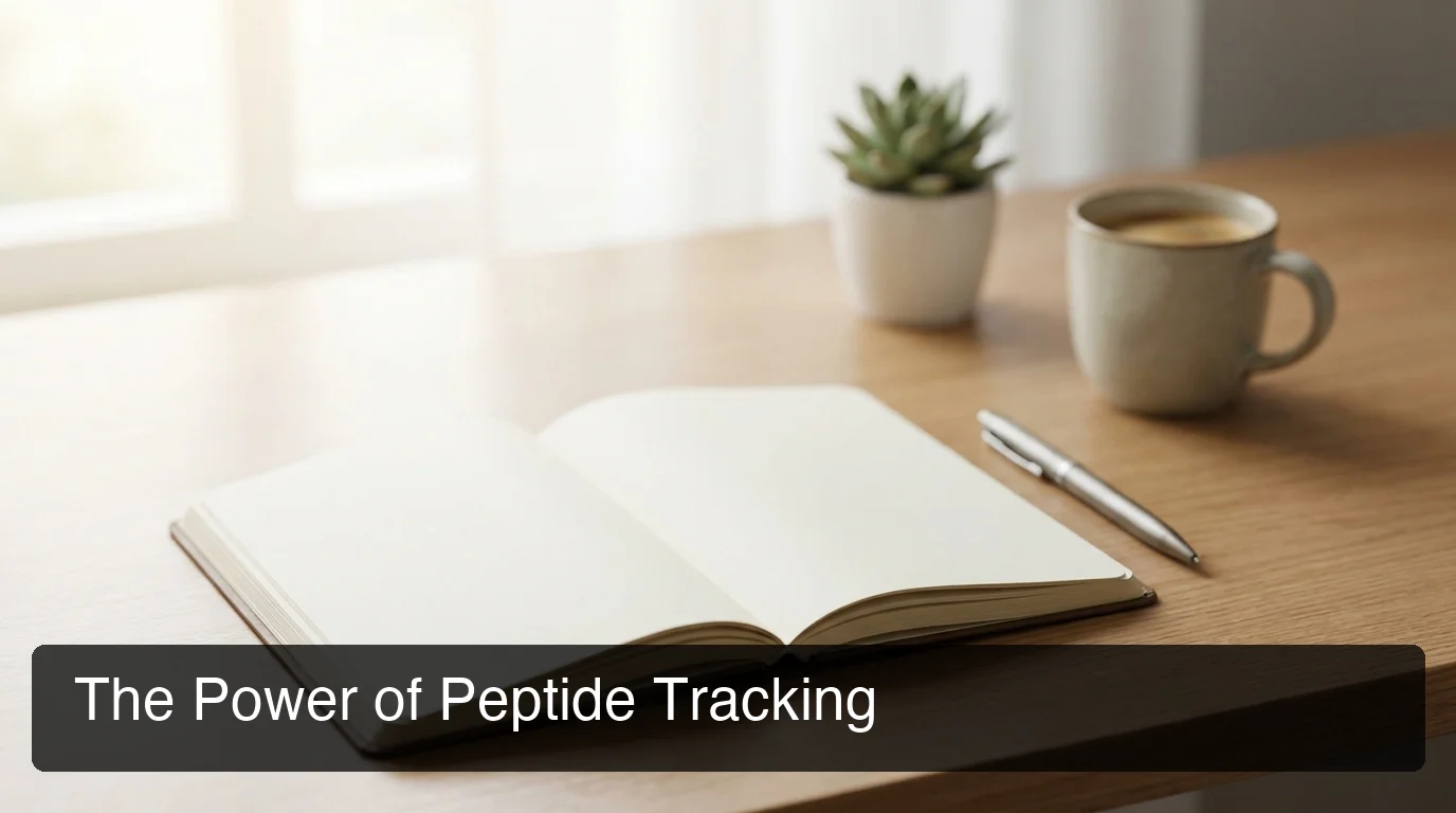 PeptideIQ peptide journal hero — clean desk with open journal notebook and pen for tracking peptide protocols
